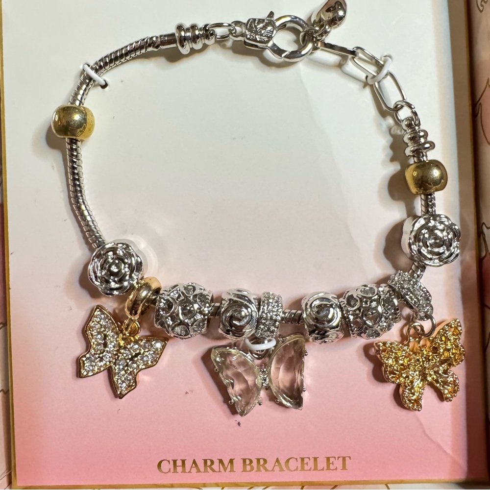 Vintage Twelve Butterfly Charm Bracelet Silver & Gold Tone NWT
